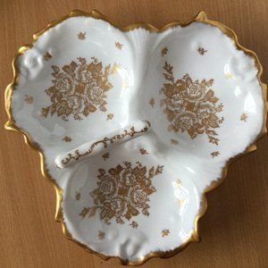 Hand painted Porcelain de France three section serving plate handled gold floral